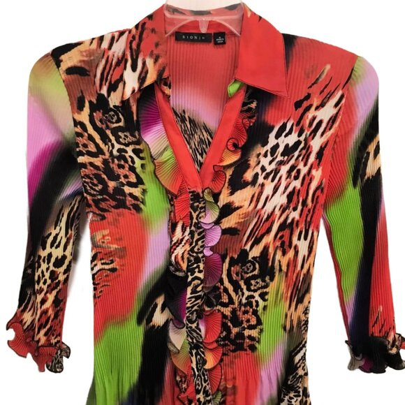 Sioni long-sleeved, ruffled front vibrant, multi-colored leopard blouse top M - Picture 2 of 6